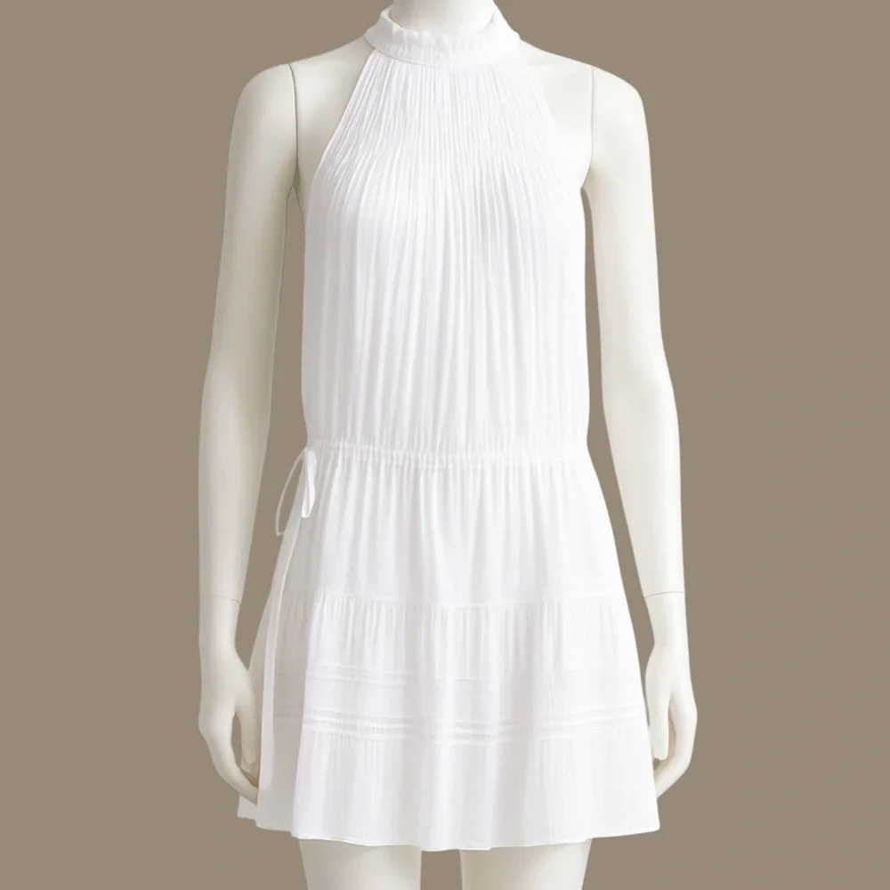 Ramy Brook White Pleated Mock Neck Tiered Mini Dress NWT Size L - Picture 1 of 3